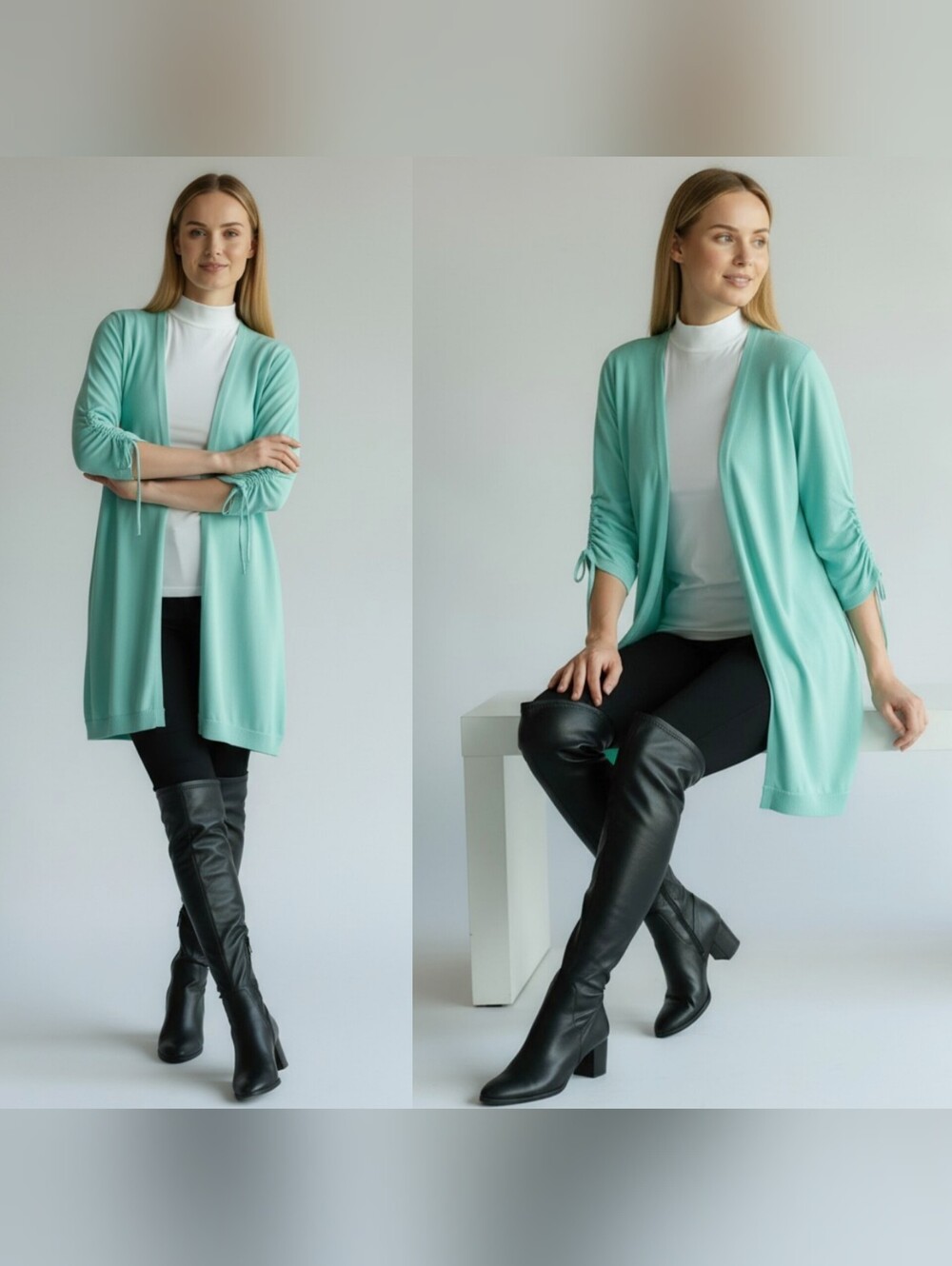 Chicos large knit open long cardigan duster sweater green 3/4 sleeves layer boho